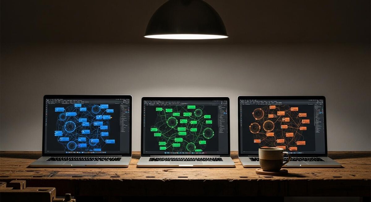 Workshop desk with three laptop screens showing different automation tools side by side