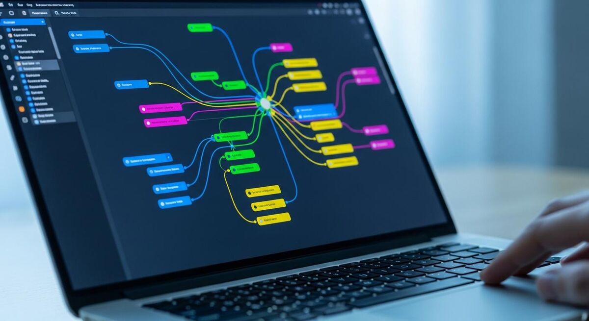 Close-up of a workflow canvas on a laptop screen showing connected nodes