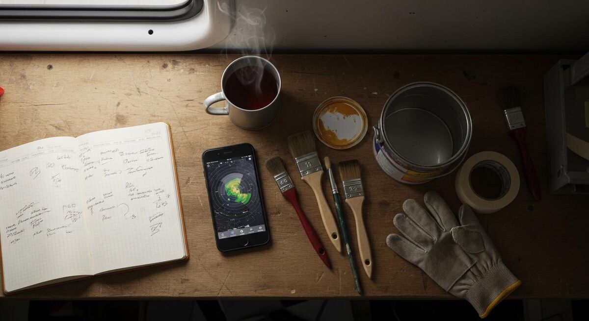 Overhead view of a damp wooden workbench with a phone showing a weather radar, an open notebook, paint pots and a glove