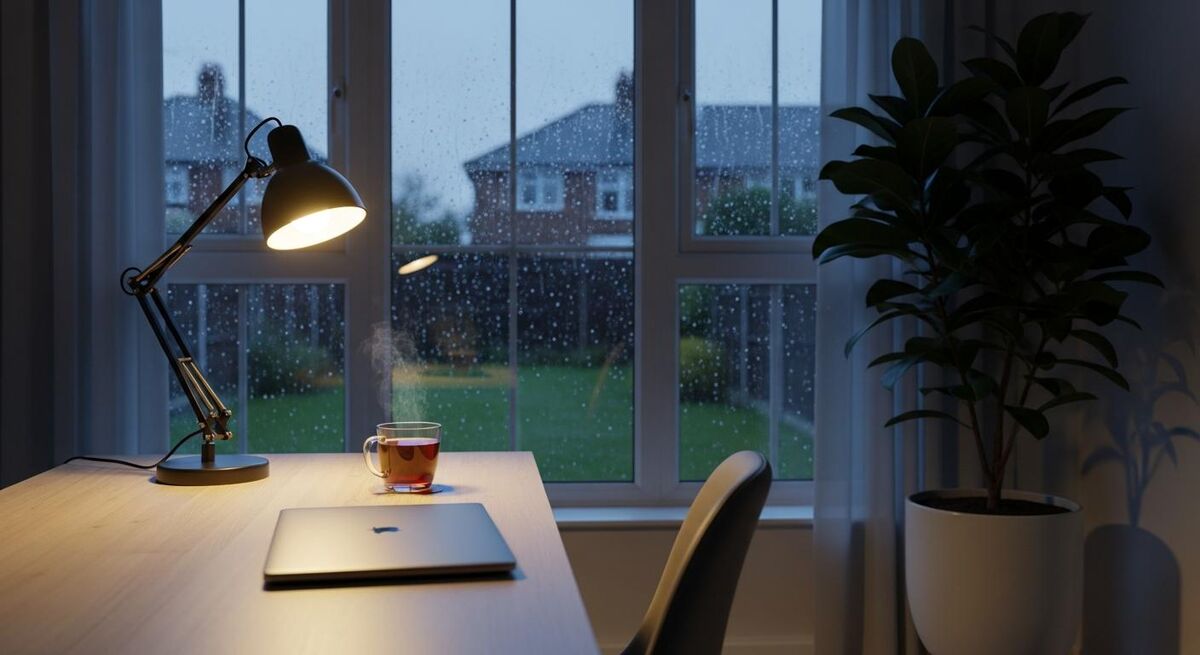 A cosy home office at dusk with a closed laptop, warm desk lamp and a rainy window looking onto a suburban garden