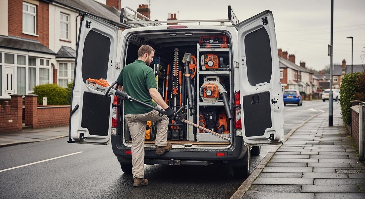A British landscaper in a green polo shirt loads hedge cutters into the back of a transit van on a damp suburban street