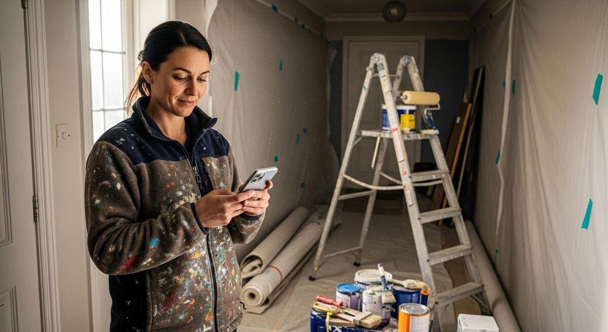 A woman painter in her thirties wearing a paint-spattered fleece reads a notification on her phone in a customer's hallway