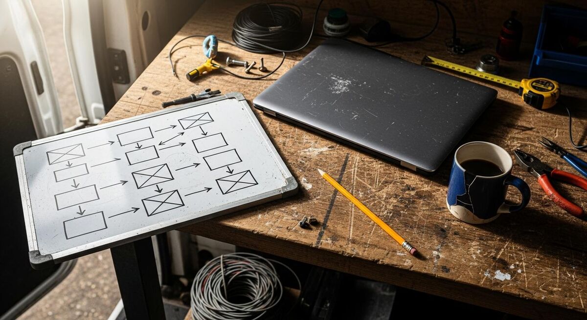 A trade workbench with a whiteboard showing an abstract flowchart of boxes and arrows, a closed laptop, builder's pencil and a chipped coffee mug