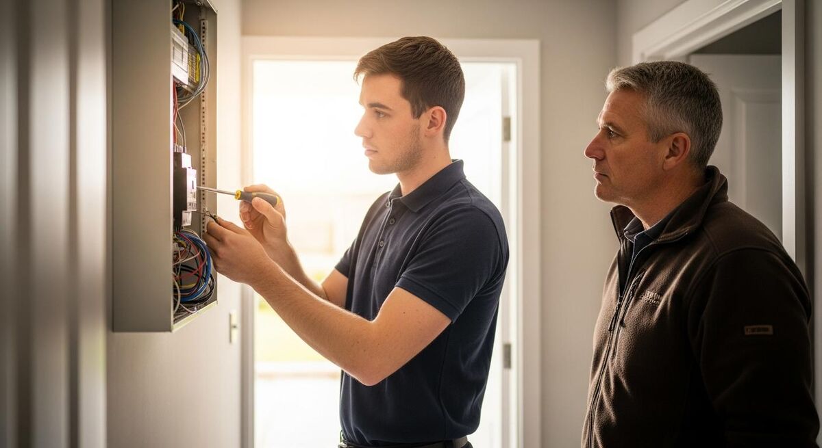A young electrical apprentice working on a domestic consumer unit while his older mentor watches on
