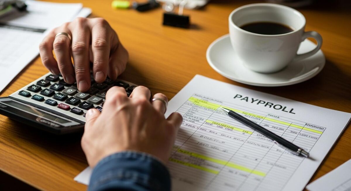 Hands using a calculator next to a payroll printout marked with highlighter and a coffee cup