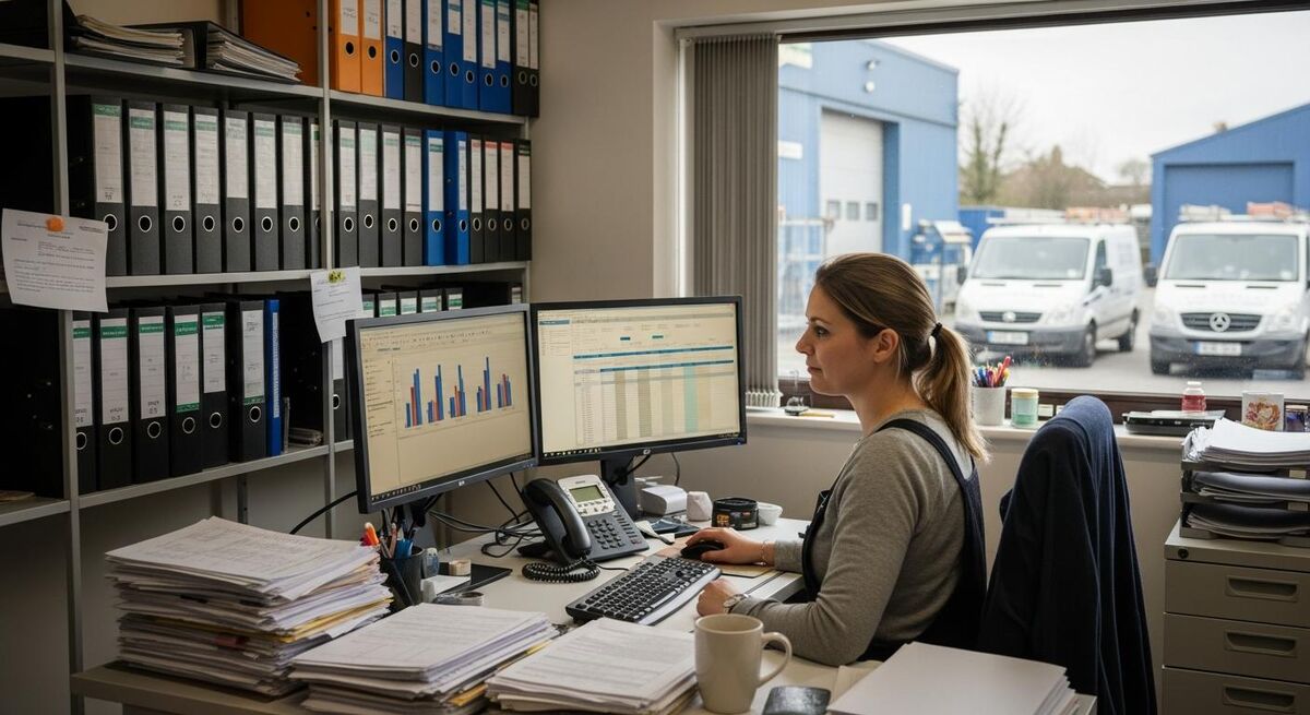 A female office manager working at a desk with two monitors in a UK trades business office