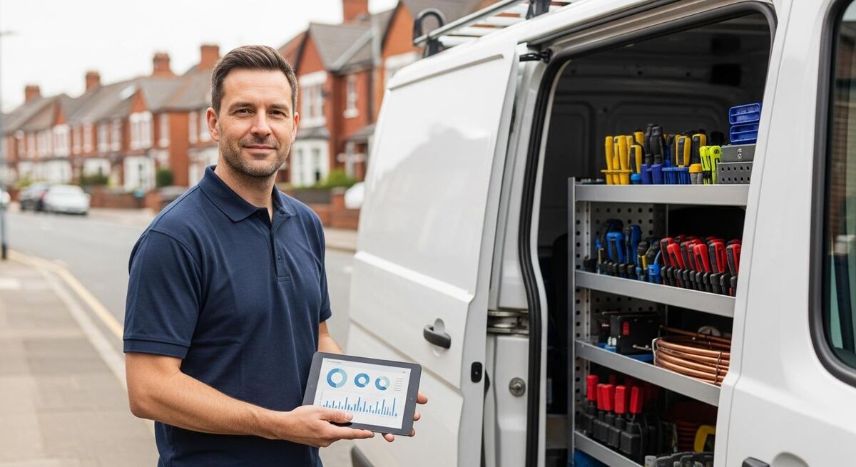 A UK plumbing engineer in plain navy polo standing by his work van holding a tablet that shows abstract charts