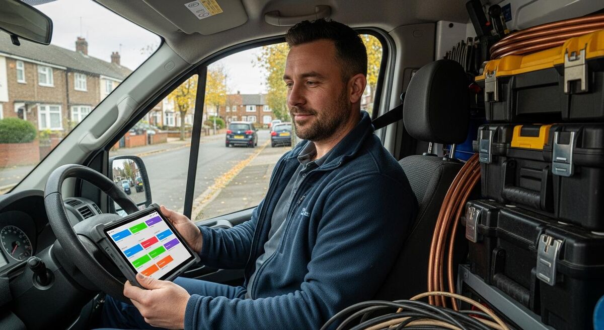 An engineer holding a tablet receiving an automated job briefing notification in a van