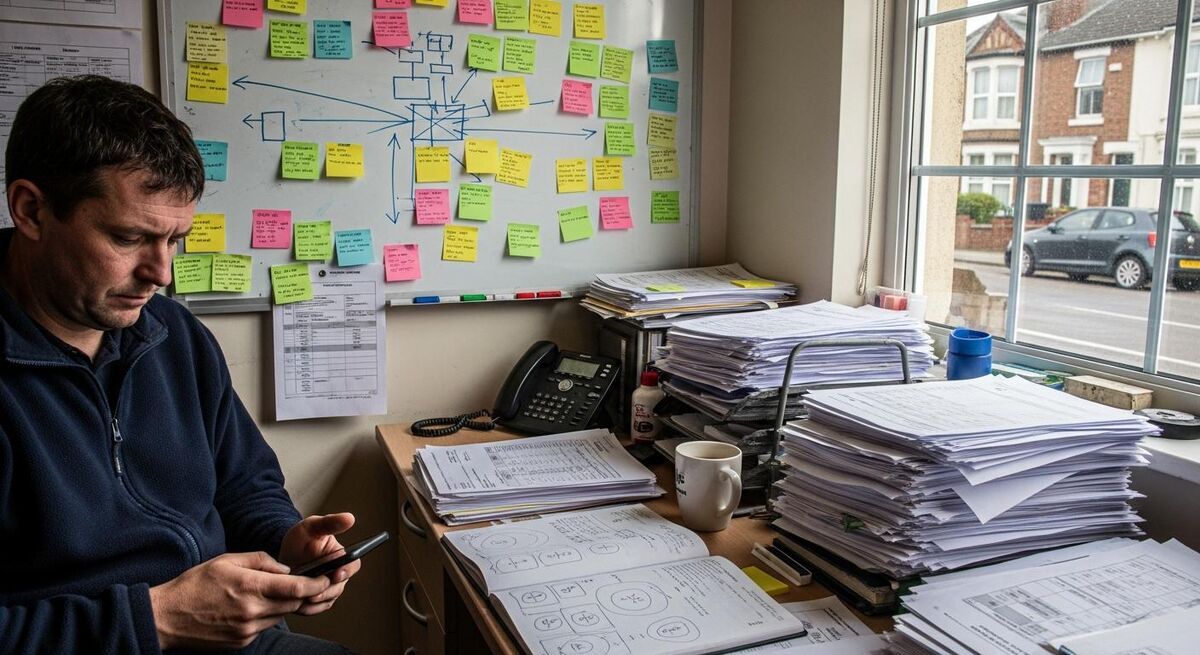 A small trades office with paper job sheets, sticky notes, and an engineer leaning on a van outside