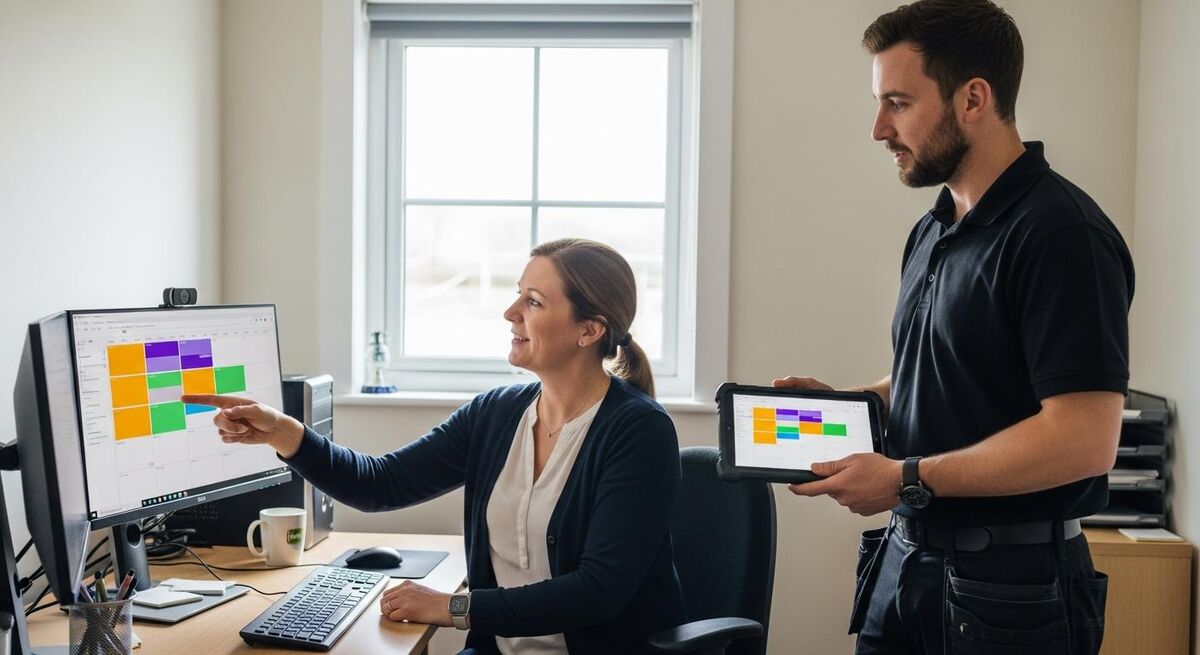 An office manager at a desktop alongside an engineer holding a tablet showing job details