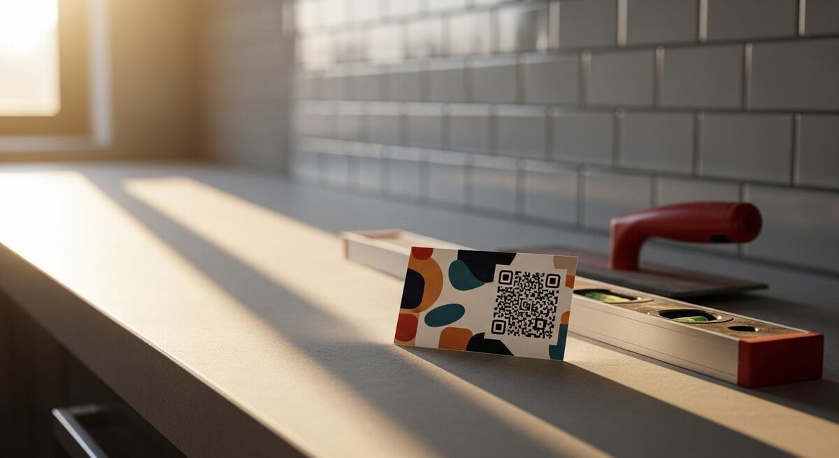 Business card with QR code lying on a kitchen worktop next to a completed plumbing job