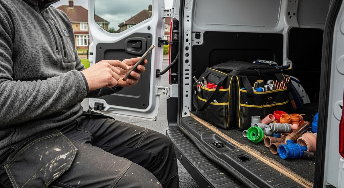 Tradesperson reading and responding to customer reviews on a phone during a break