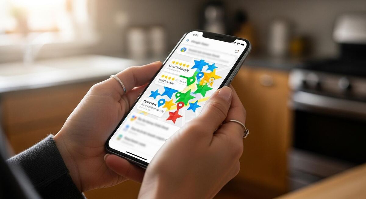 Homeowner checking tradesperson reviews on a phone before booking