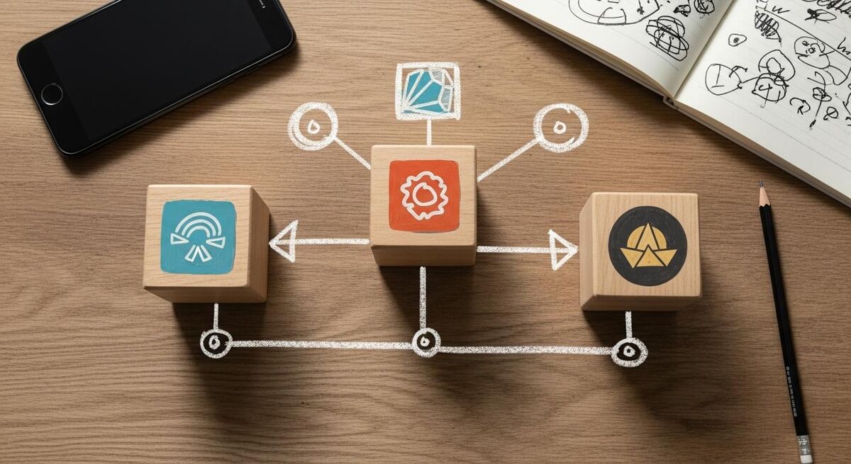Three connected blocks representing WhatsApp inbound, OpenClaw decision logic, and Google Calendar diary, on a workbench