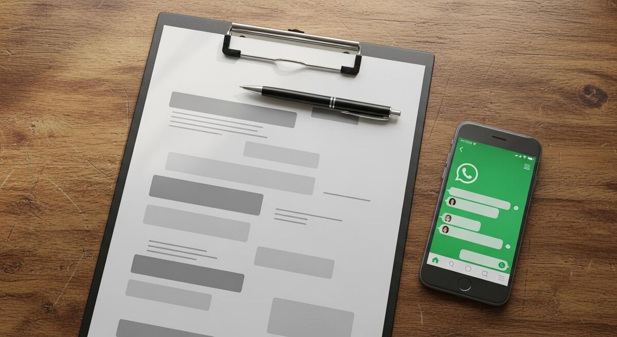 A printed policy document on a clipboard next to a phone showing a WhatsApp Business conversation