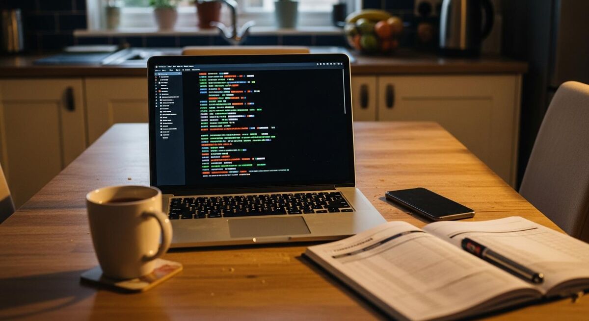 A laptop on a kitchen table showing a terminal window with command line output during a server setup