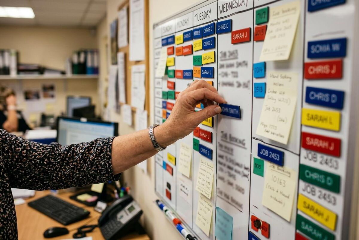 Hand moving a magnet on a traditional dispatch planning board with engineer names and time slots