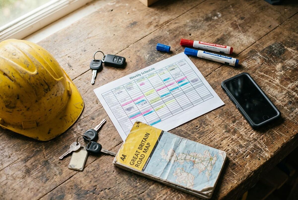 Overhead view of dispatch planning tools including a tablet, paper schedule, and work orders on a desk