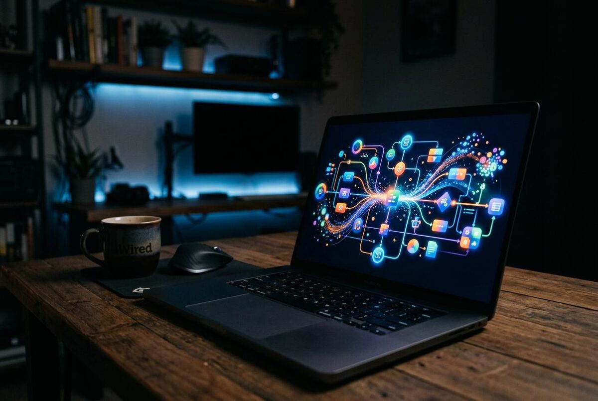 Laptop screen showing abstract workflow diagram with connected nodes on a desk