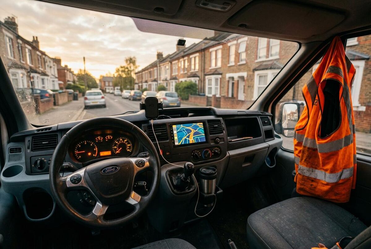 Interior of a trade van with sat nav showing route planning on the dashboard