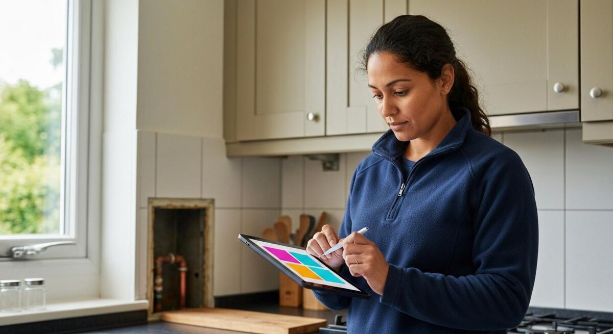 A plumber using a tablet to draft a customer quote with ChatGPT