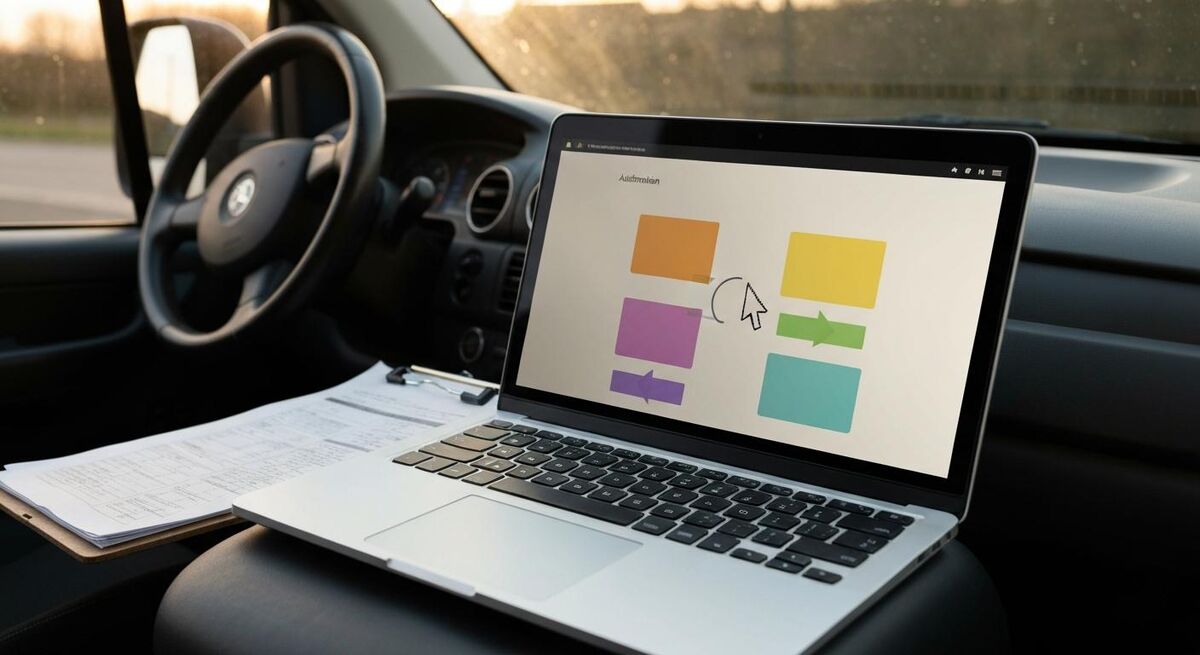 A laptop in a van showing an AI taking over the screen to complete administrative work