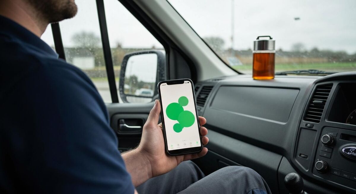 A tradesperson's phone showing a WhatsApp conversation with an AI assistant during a job