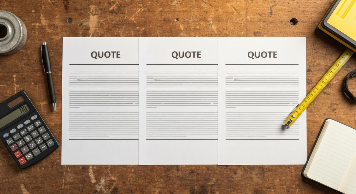 Three side by side quotes drafted by different AI tools laid out on a workshop bench