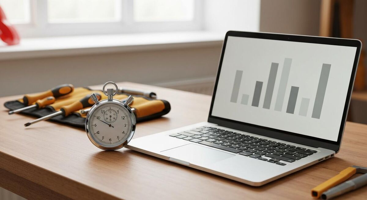 A stopwatch on a workbench next to a laptop showing AI setup progress