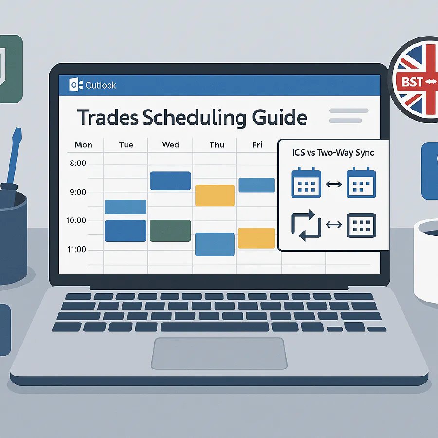 Outlook ↔ ServiceM8/Jobber/Tradify (UK): stop duplicate calendar entries and fix BST/GMT shifts featured image