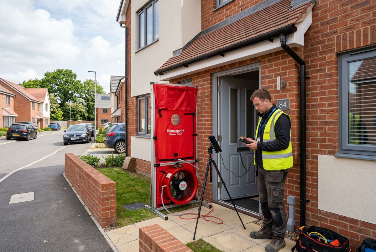 Technician carrying out a blower door air pressure test on a new-build UK house