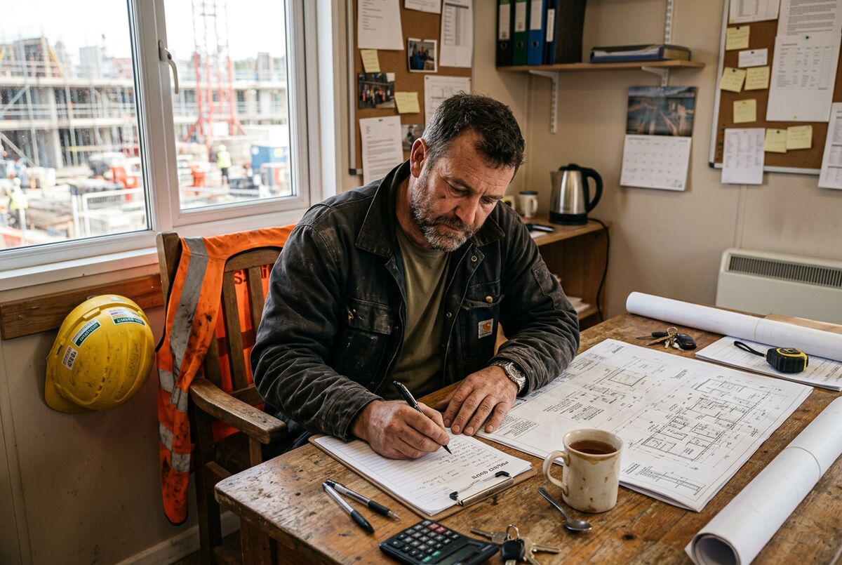 Builder writing up a detailed quote in a site office with architectural drawings on the desk