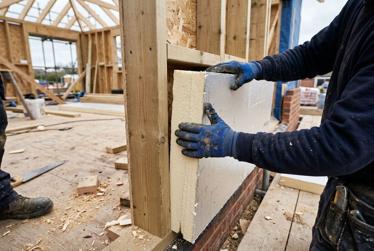 Builder fitting rigid foam PIR insulation into a timber frame wall on a UK construction site