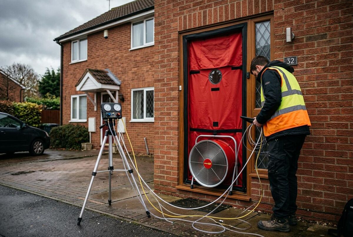 Energy assessor conducting a blower door airtightness test on a UK semi-detached house