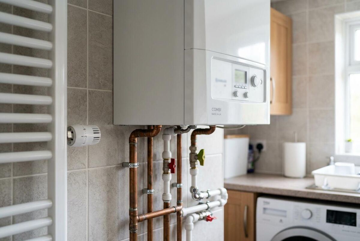 Modern white combi boiler with copper pipework installed in a UK utility room