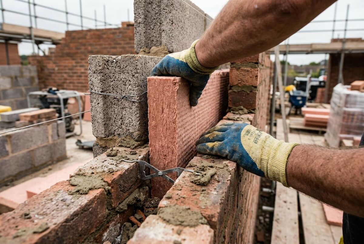 Builder installing rigid insulation boards in a cavity wall on a UK construction site