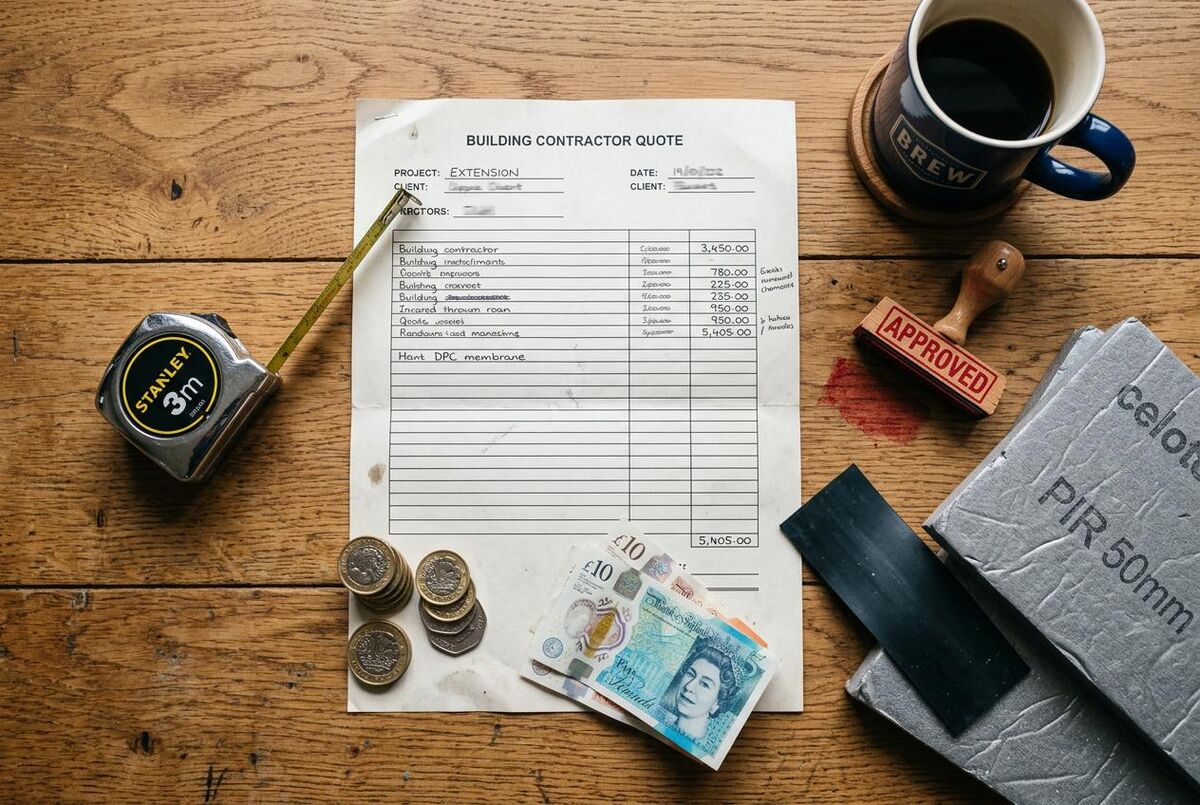 Building contractor quote sheet with insulation samples, pound notes and APPROVED stamp on a wooden workbench