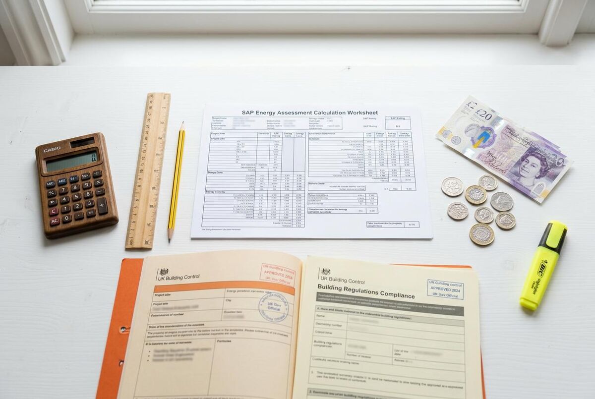 SAP energy assessment worksheet with building control compliance documents, UK pound notes, and a calculator
