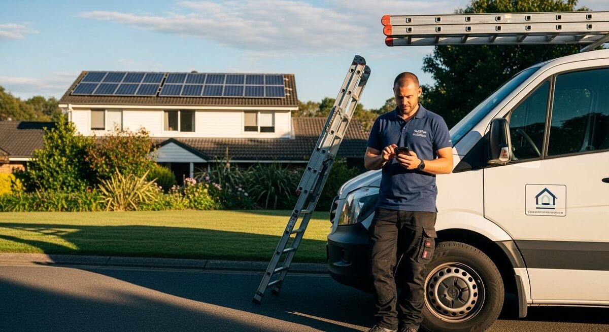 Solar engineer checking a proposal status on their phone outside a customer's house