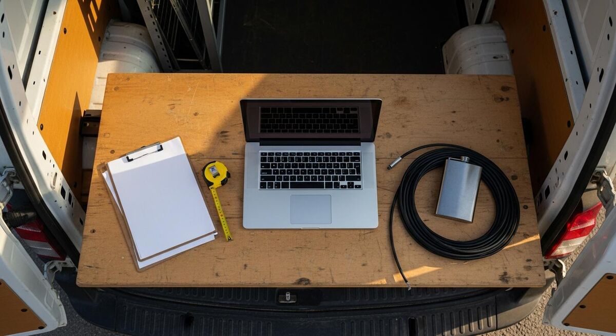 Solar installer building a multi-option proposal on a laptop in a van