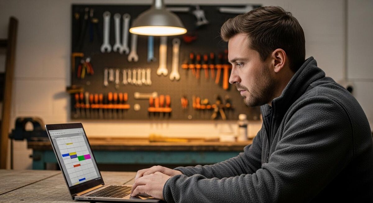 Renewable installer reviewing an AI-generated quote on a laptop in a workshop