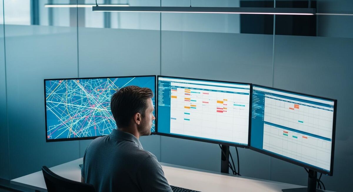 Dispatcher working at a multi-screen dispatch desk monitoring engineer locations