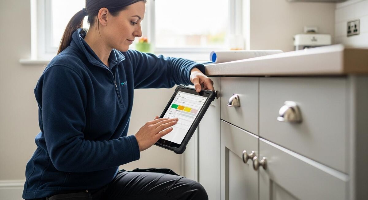 Engineer reviewing MCS handover documentation on a tablet inside a customer property