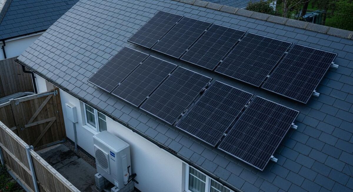 Solar panels and an air source heat pump installed on a UK home
