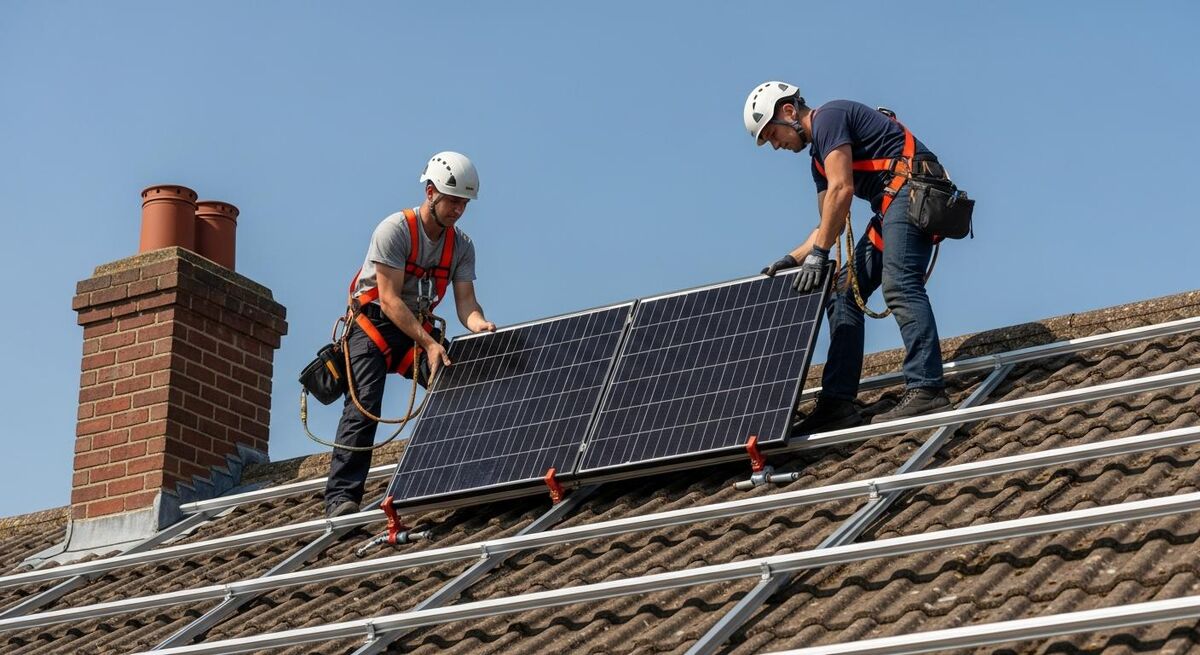 Two installers fitting solar PV panels on a residential roof with safety harnesses