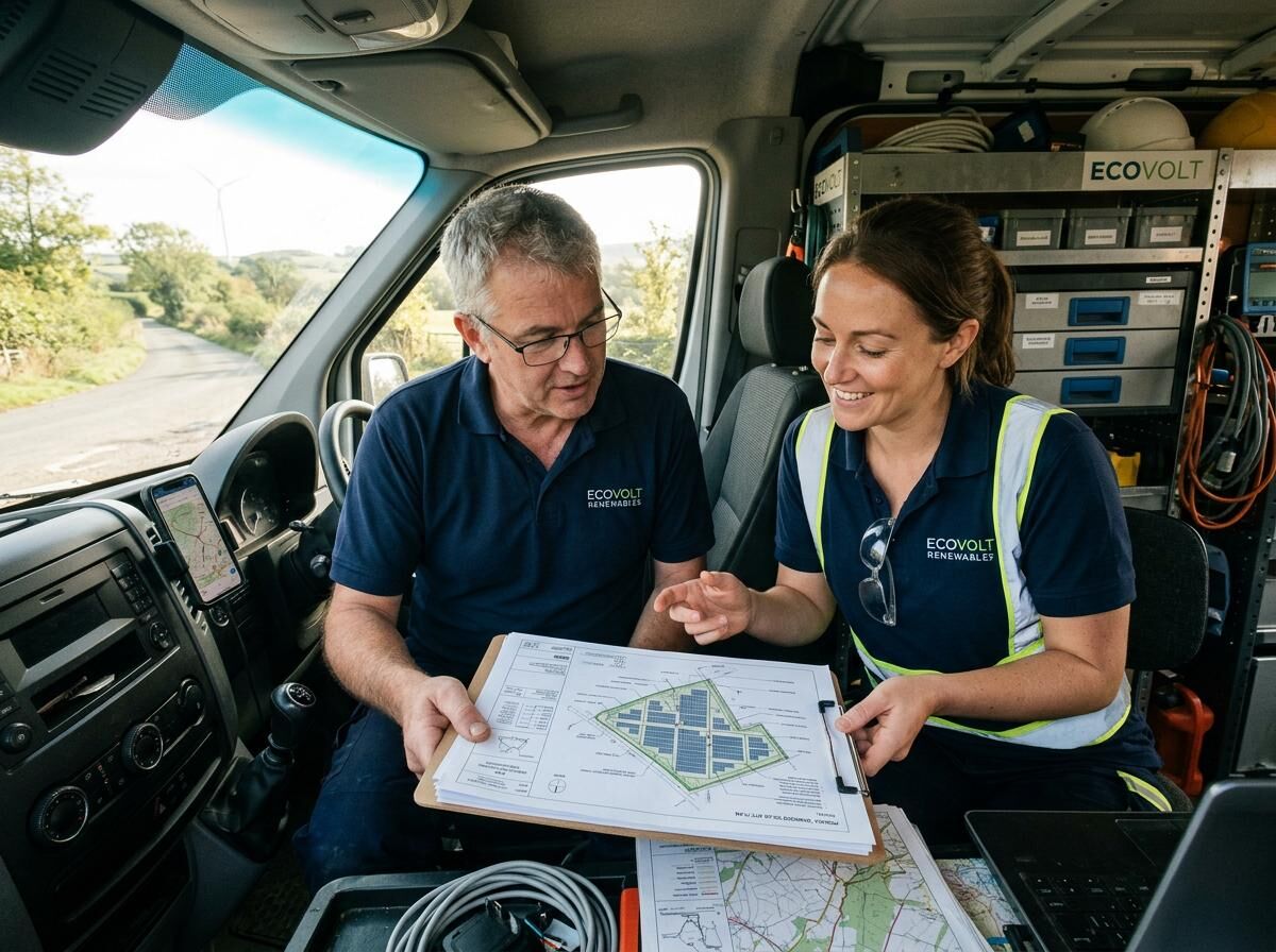 Two engineers reviewing installation plans on a tablet