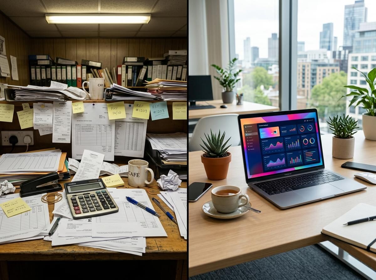 Paper invoices contrasted with digital payment dashboard