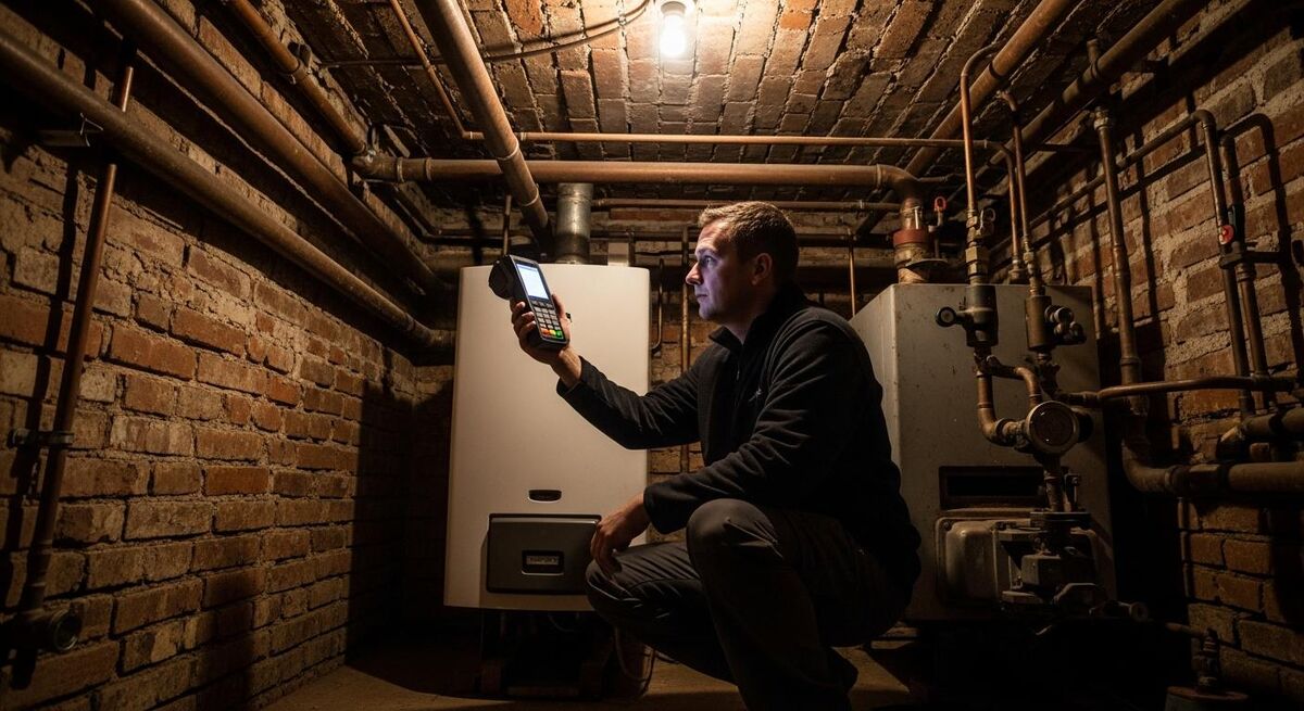 Heating engineer paying attention to a card terminal in a dimly lit cellar boiler room