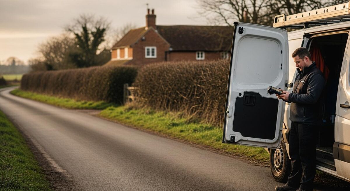 Trades engineer holding a card reader next to a parked work van on a rural lane