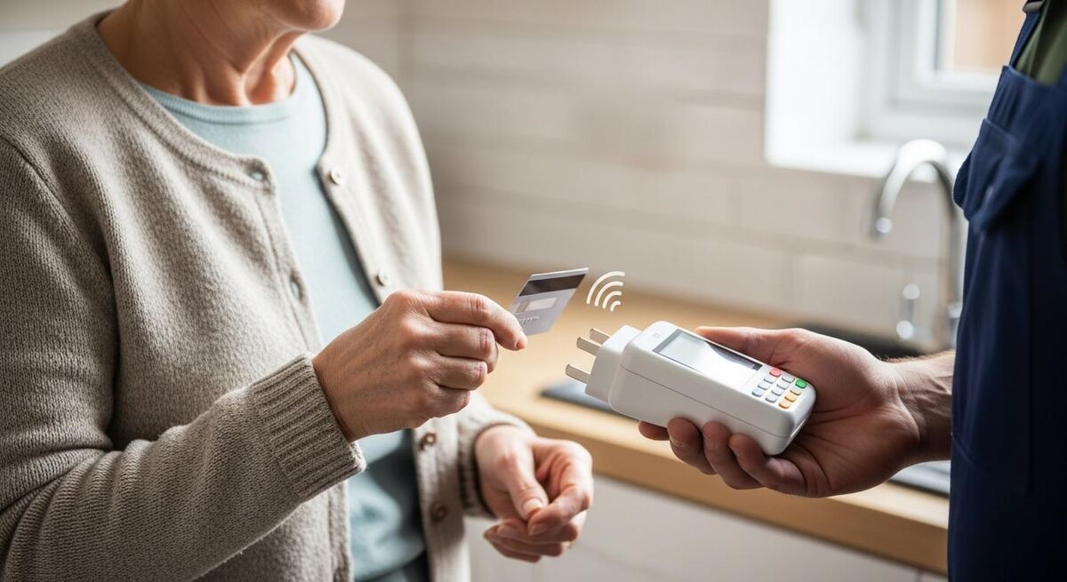 Customer holding a contactless bank card to a small Square card reader in a domestic kitchen